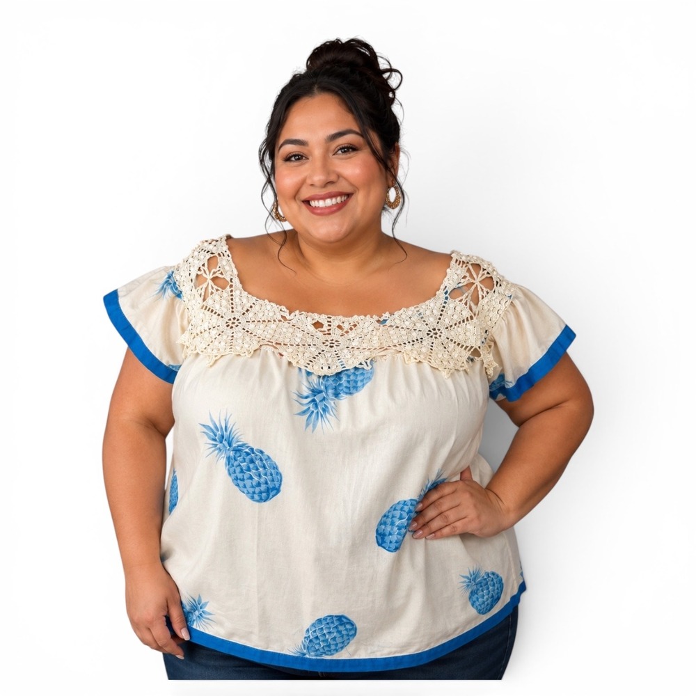 Boho 2X Crochet & Pineapple Print Blouse Blue Cream Short Sleeve Top Plus Size